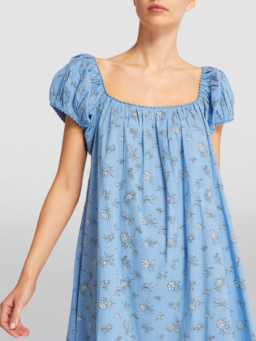 Doen Julie Organic Poplin Cotton Puff Sleeve Mini Dress in SKY BOUTON DE ROSE